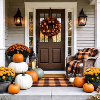 Autumn front door decorated for Halloween