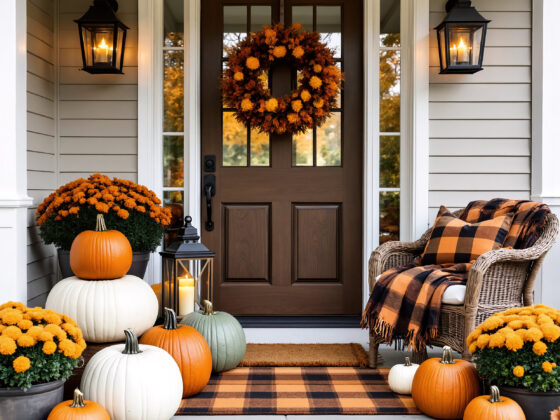 Autumn front door decorated for Halloween