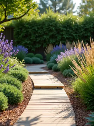 Beautiful wooden garden path winding through a drought-tolerant landscape with lavender, ornamental grasses, and succulents. Rich purple hues and warm sunlight.