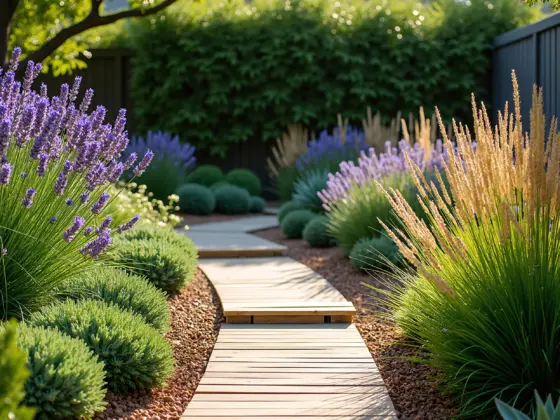 Beautiful wooden garden path winding through a drought-tolerant landscape with lavender, ornamental grasses, and succulents. Rich purple hues and warm sunlight.