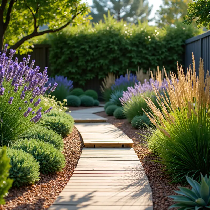 Beautiful wooden garden path winding through a drought-tolerant landscape with lavender, ornamental grasses, and succulents. Rich purple hues and warm sunlight.