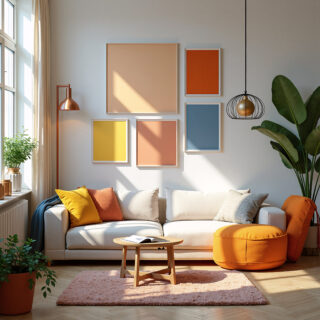 A bright, modern living room with a light gray sofa, a wooden coffee table, and a geometric pouf. Artwork in shades of peach, yellow, terracotta, and blue adorns the walls. Natural light streams through a large window, illuminating a pink rug and a large potted plant.