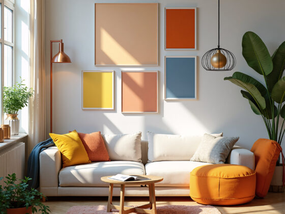 A bright, modern living room with a light gray sofa, a wooden coffee table, and a geometric pouf. Artwork in shades of peach, yellow, terracotta, and blue adorns the walls. Natural light streams through a large window, illuminating a pink rug and a large potted plant.