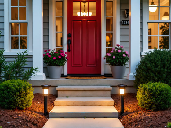 A charming red front door illuminated by evening lights, with a stone pathway, landscaping, and decorative lights.