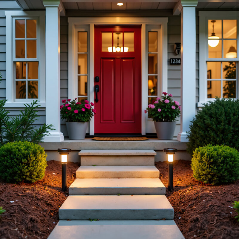 A charming red front door illuminated by evening lights, with a stone pathway, landscaping, and decorative lights.