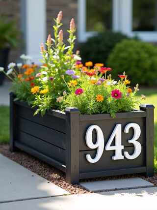 A close-up shot of a black, rectangular flower planter situated on a concrete sidewalk. The planter is filled with a variety of colorful daisy-like flowers in shades of orange, pink, white, and purple. The house number '943' is prominently displayed in white on the side of the planter.