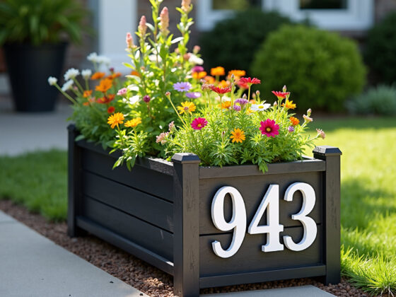 A close-up shot of a black, rectangular flower planter situated on a concrete sidewalk. The planter is filled with a variety of colorful daisy-like flowers in shades of orange, pink, white, and purple. The house number '943' is prominently displayed in white on the side of the planter.