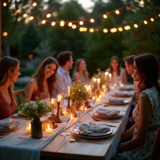 A group of friends enjoys a romantic candlelit dinner party outdoors, with strings of fairy lights overhead and a rustic wooden table set with plates and glassware.