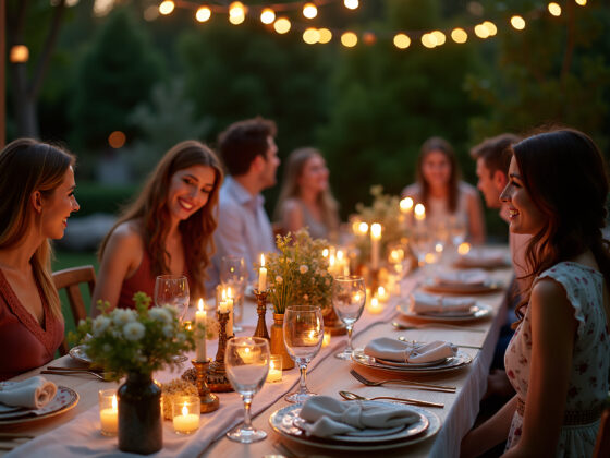 A group of friends enjoys a romantic candlelit dinner party outdoors, with strings of fairy lights overhead and a rustic wooden table set with plates and glassware.