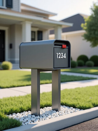 A sleek, black mailbox with the number '1234' on its post, set in a manicured front yard with lush green grass and white pebbles.