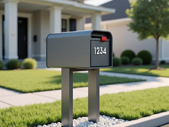 A sleek, black mailbox with the number '1234' on its post, set in a manicured front yard with lush green grass and white pebbles.