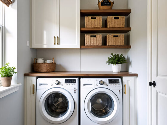 Modern laundry room featuring two LG front-load washers, wooden shelving with baskets, and a window with a plant.