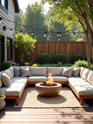 U-shaped outdoor seating area with a light gray sofa and cushions, a gray chevron rug, and a fire pit surrounded by lush greenery and a wooden fence. String lights hang overhead, creating a warm ambiance.
