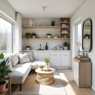 Modern corner living room with light wood shelving, a beige sofa, a round coffee table, and plants. Natural light streams in through a large window.