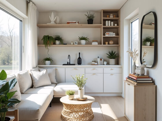 Modern corner living room with light wood shelving, a beige sofa, a round coffee table, and plants. Natural light streams in through a large window.