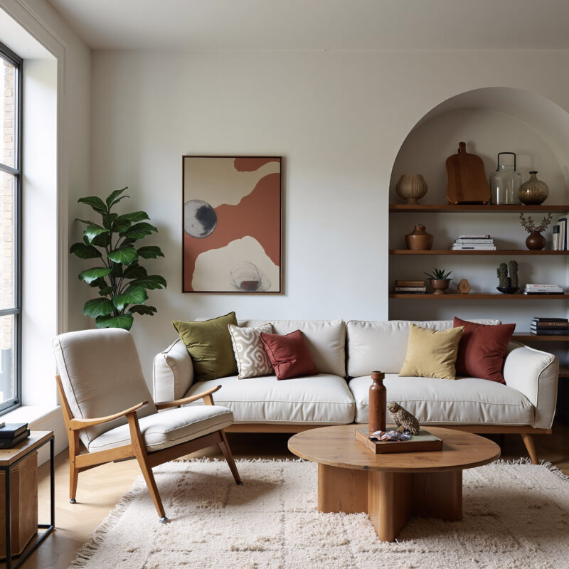 Stylish modern living room interior featuring a cream-colored sofa, wooden furniture, and an abstract art piece. The room incorporates natural textures like wood and a plush rug, creating a warm and inviting atmosphere.