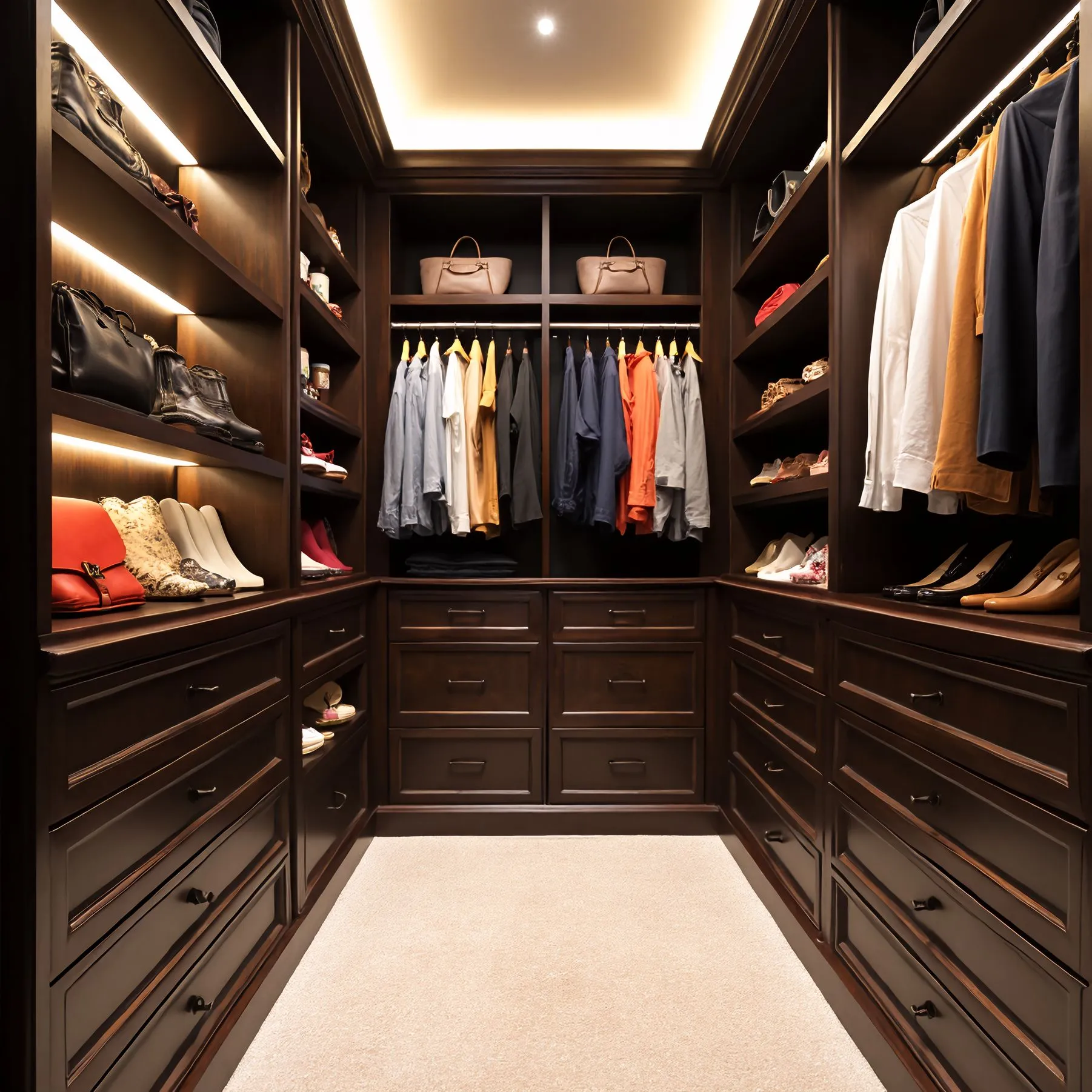 A beautifully organized walk-in closet with dark wood cabinetry, hanging clothes, shoes, and handbags. The closet is brightly lit and features a plush beige carpet.