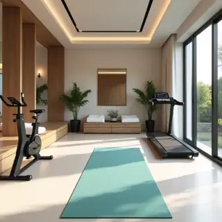 Contemporary home gym with treadmill, exercise bike, and teal workout mat. Bright, spacious fitness room with large windows and wood finishes.