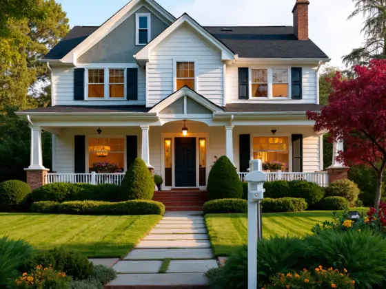 A stately white Victorian-style house with a wraparound porch, illuminated warmly at dusk. A manicured lawn and landscaping complete the picturesque scene.