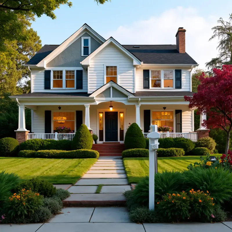 A stately white Victorian-style house with a wraparound porch, illuminated warmly at dusk. A manicured lawn and landscaping complete the picturesque scene.