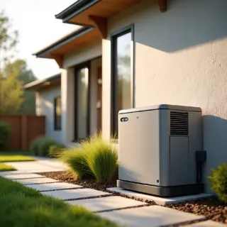 Generac home backup generator installed in a residential landscape. A modern gray concrete house with sliding glass doors is seen in the background, surrounded by a concrete walkway and landscaping.